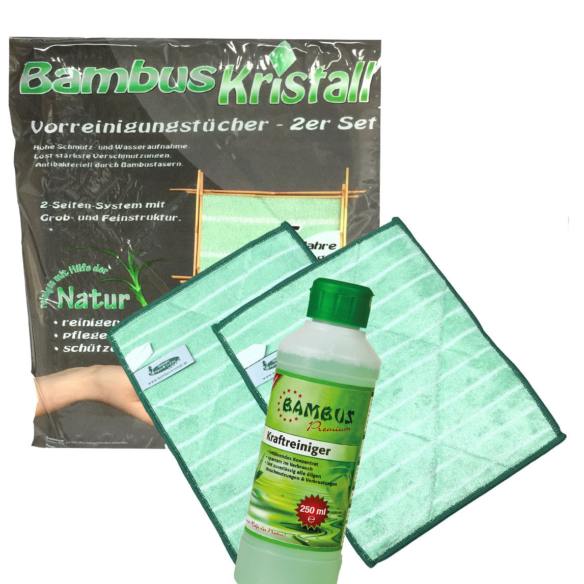 2 x Bambus Kristall Vorreinigungstücher + 250 ml Kraftreiniger (gratis)